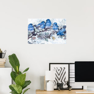 Poster Bluebirds Perchés Sur La Fleur De Cerisier