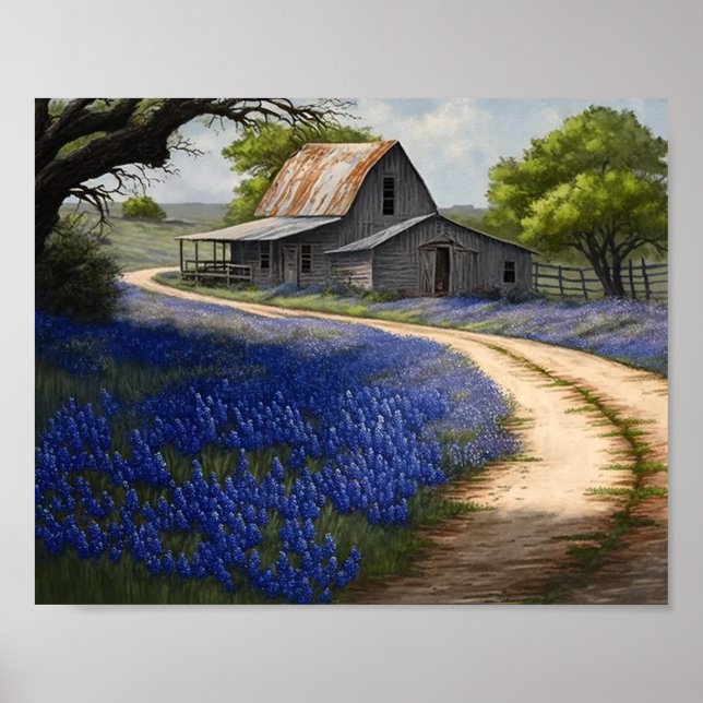 Poster Bluebonnets et la vieille grange au Texas (Devant)