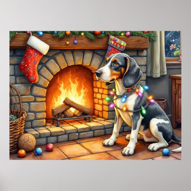 Poster Bluetick Coonhound Fireplace with Christmas Lights (Devant)