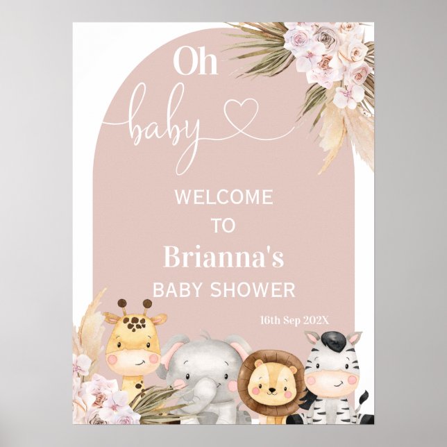 Poster Blush Boho Floral Arch Safari Baby shower Bienvenu (Devant)