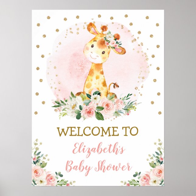 Poster Blush Floral Baby Giraffe Safari Wild One Welcome (Devant)