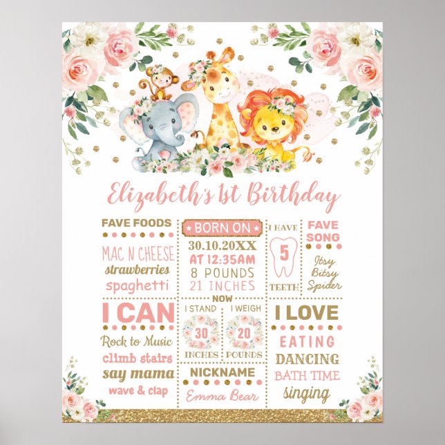 Poster Blush Floral Jungle Animaux 1er Anniversaire Jalon (Devant)