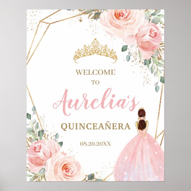 Poster Blush Floral Quinceañera Mis province Bienvenue (Devant)