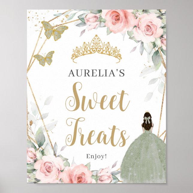 Poster Blush Floral Sage Green Quinceanera Sweet Traiteme (Devant)
