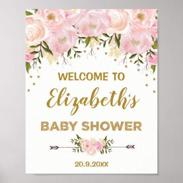 Poster Blush Gold Peonies Baby shower chic Bienvenue (Devant)