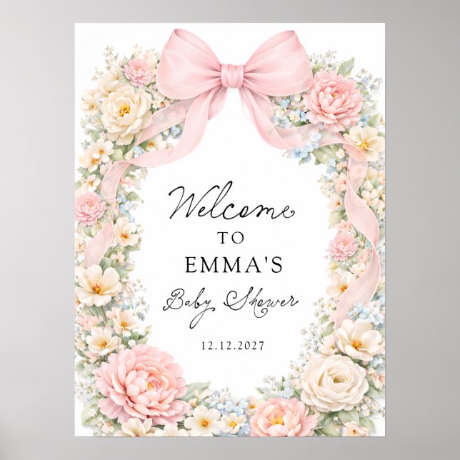 Poster Blush Pink Bow Floral Coquette Baby Shower Welcome (Devant)
