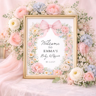 Poster Blush Pink Bow Floral Coquette Baby Shower Welcome