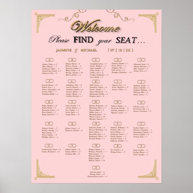 Poster Blush Pink Champagne Gold Wedding Seating Chart (Devant)