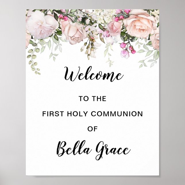 Poster Blush Pink Floral First Communion Welcome Sign (Devant)