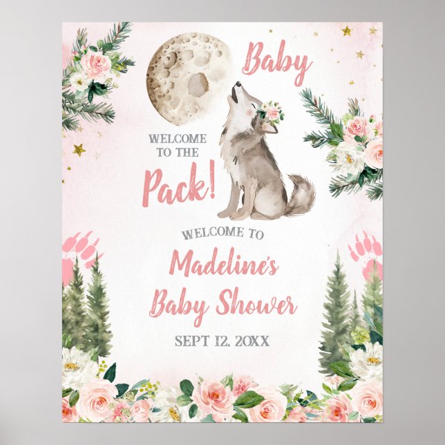 Poster Blush Pink Floral Moon Forest Wolf Welcome Sign (Devant)