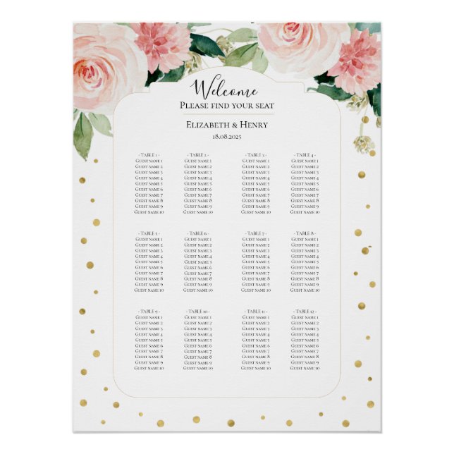 Poster Blush pink gold peony floral wedding seating plan (Devant)