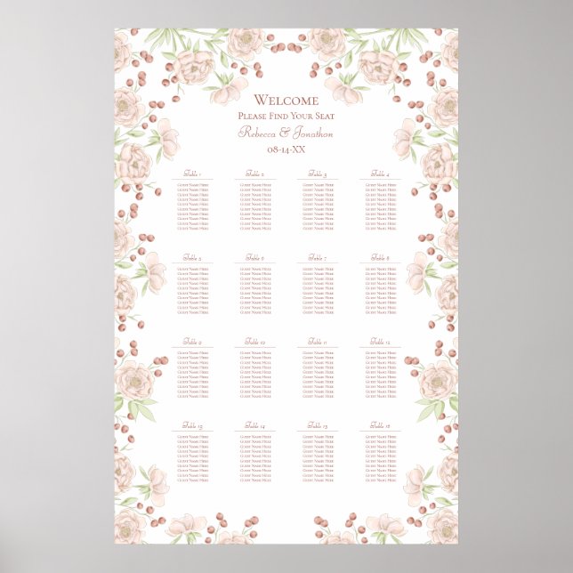 Poster Blush Pink Roses Wedding Seating Chart (Devant)