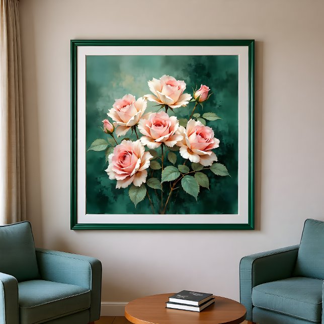 Poster Blush Rose Elegance on Deep Jade (Créateur téléchargé)