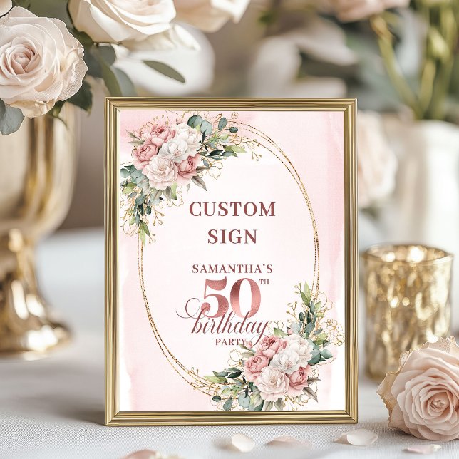 Poster Blush Rose Pâle Fleurs 50 Anniversaire Tabletop Mo (Editable Blush Pink Greenery 50th Birthday Tabletop Sign)