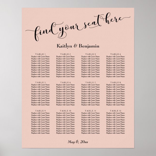Poster Blush, Typographie Mariage Réception Carte de sièg (Devant)