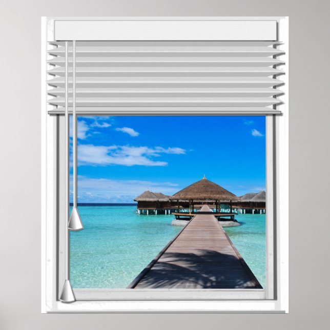 Poster Boardwalk Pier Vue Mer Faux Fenêtre Avec Aveugles (Devant)