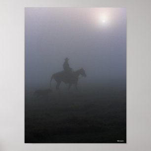 Poster Bob Langrish   Cowboy À Rider En Mist Avec Chien