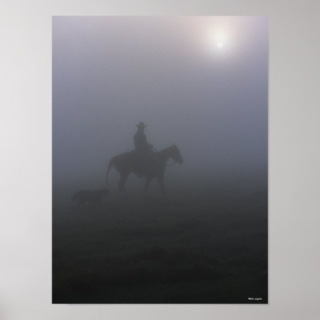 Poster Bob Langrish | Cowboy À Rider En Mist Avec Chien (Devant)