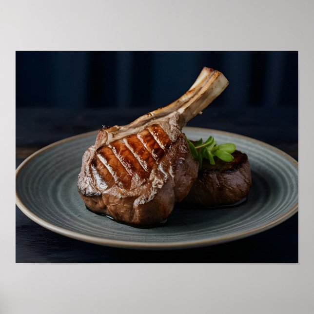 Poster Boeuf grillé gourmet avec marques de grillage élég (Devant)