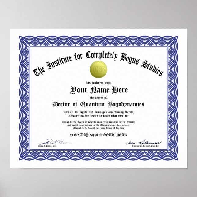 Poster Bogus Doctorat Certificat - Bogosité appliquée (Devant)