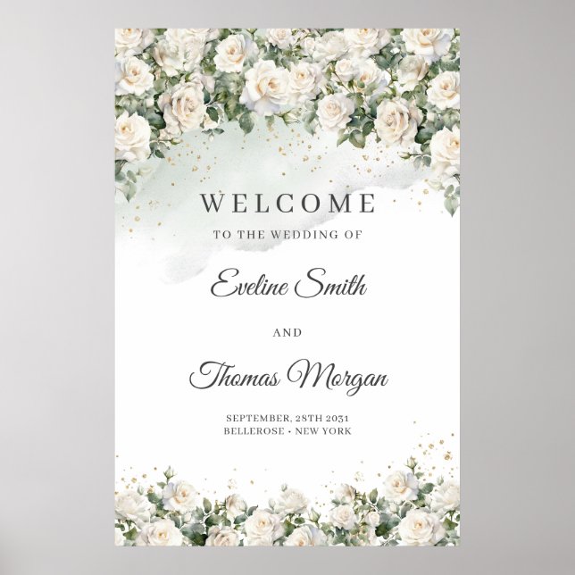 Poster Bohème blanc roses eucalyptus mariage accueil (Devant)