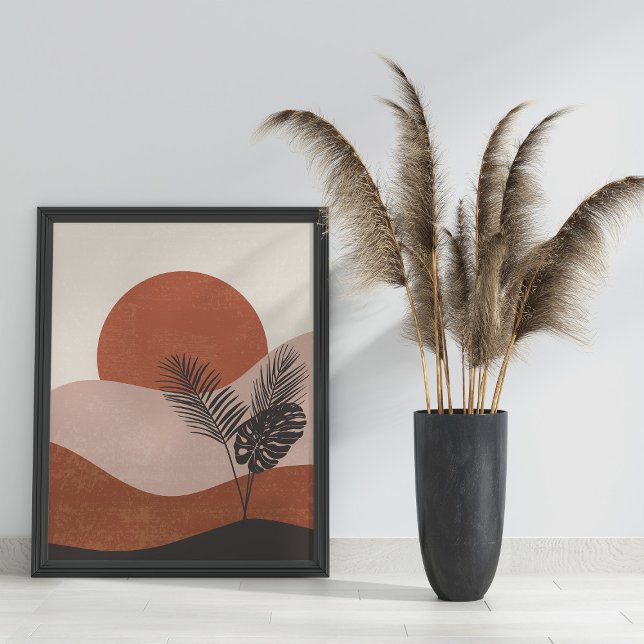 Poster Boho Abstrait paysage coucher de soleil (Boho Abstract Landscape Sunset Poster on the floor in black frame next to pampas grass)