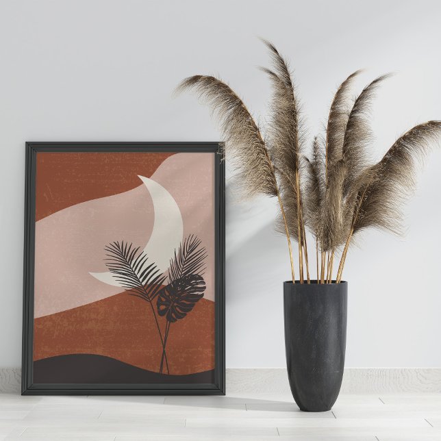 Poster Boho Abstrait Terracotta paysage lune (Boho Abstract Terracotta Landscape Moon Poster in black frame on the floor next to pampas grass)