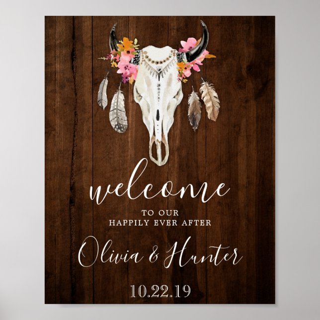 Poster Boho Antlers Crâne Bois foncé Mariage de bienvenue (Devant)