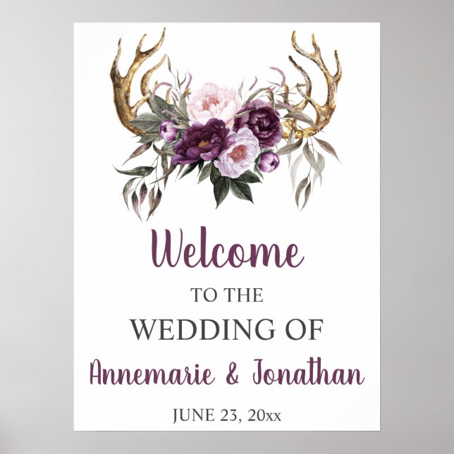 Poster Boho Antlers Purple Plum Peonies Rose Bienvenue (Devant)