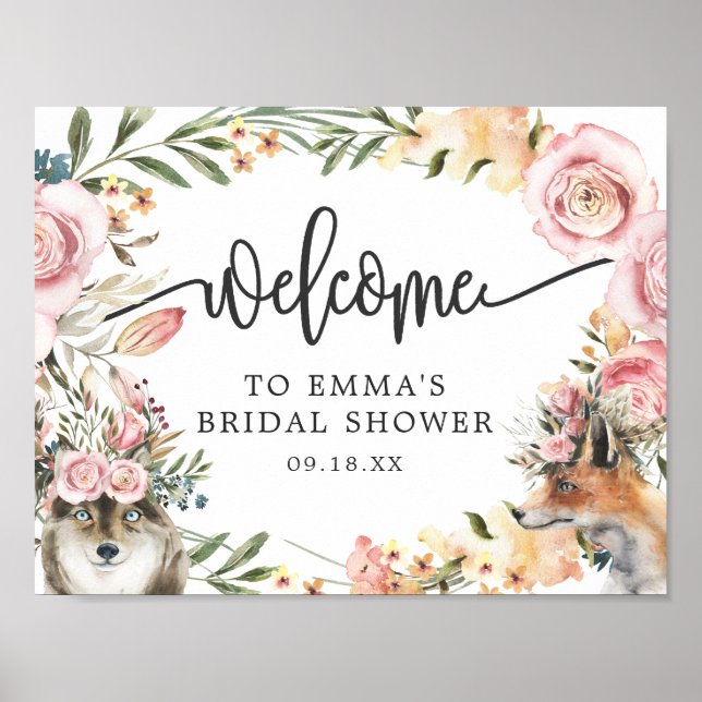 Poster Boho Aquarelle Automne Floral Douche Bienvenue (Devant)