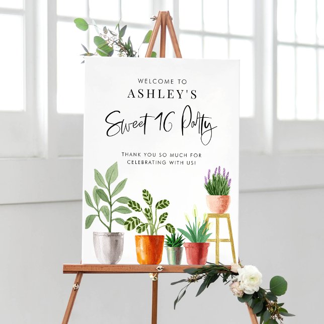Poster Boho Aquarelle Poted Houseplants Swet 16 Party (Boho Watercolor Potted Houseplants Swet 16 Party Poster)