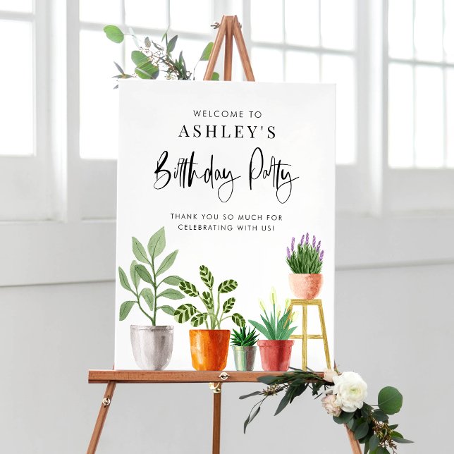 Poster Boho Aquarelle Poted Ménagers Fête d'anniversaire (Customizable boho birthday party welcome sign featuring watercolor potted houseplants. )