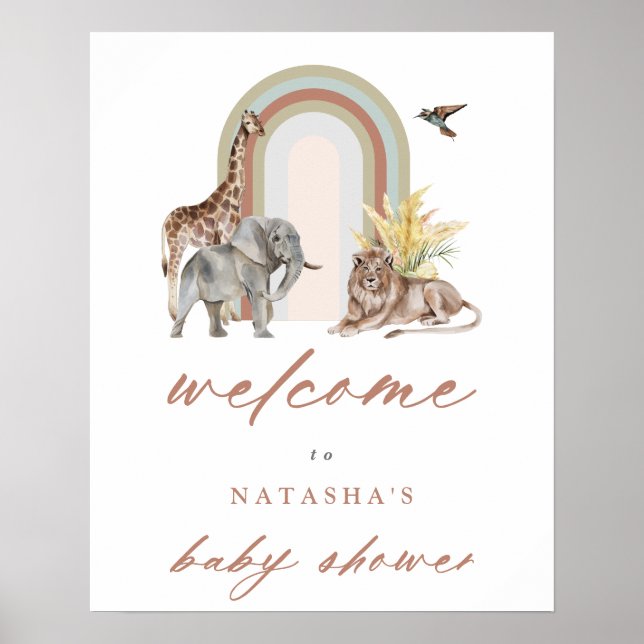 Poster Boho Arc arc en ciel & Animaux Baby shower Bienven (Devant)