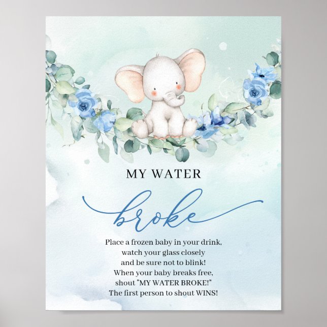 Poster Boho Baby éléphant bleu floral My Water Broke jeu (Devant)