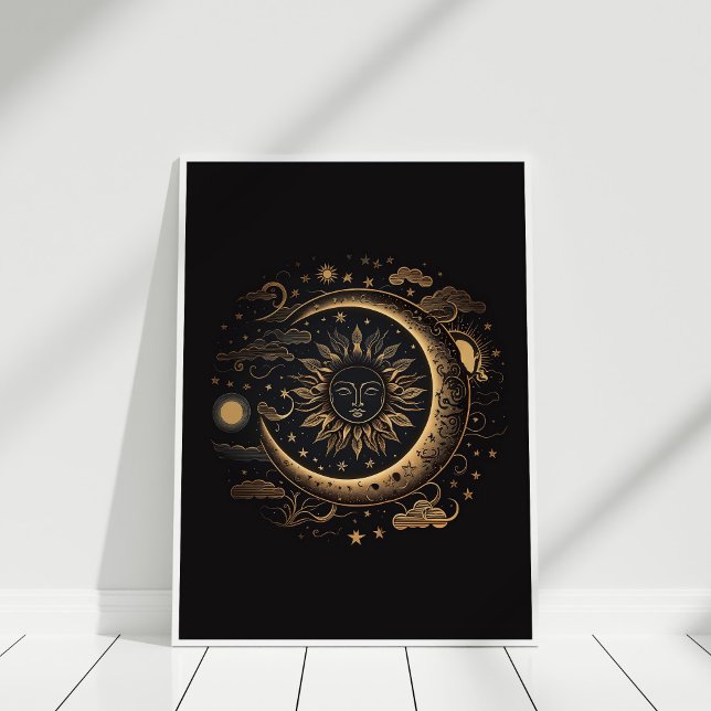 Poster Boho Black Cuivre Soleil et Lune Mur Art (Boho Black Copper Sun and Moon Wall Art in a white frame against white wall.)