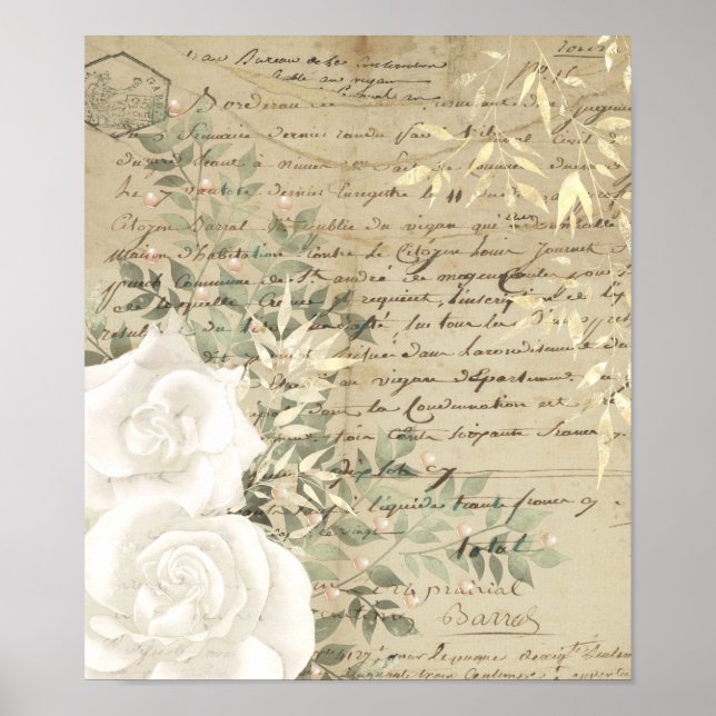 Poster Boho Blanc Floral Végétalie Écriture Lettre Dorée (Devant)