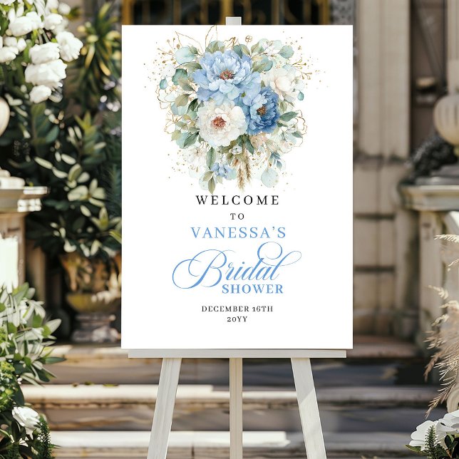 Poster Boho Bleu Clair Verdure Bienvenue à la Baby Shower (Light Blue Greenery Bridal Shower Welcome)