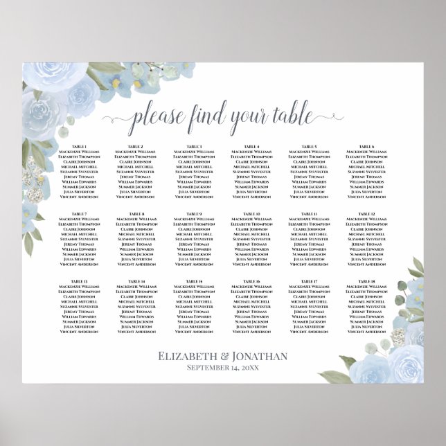 Poster Boho bleu Dusty Roses 18 Table Seating Chart (Devant)