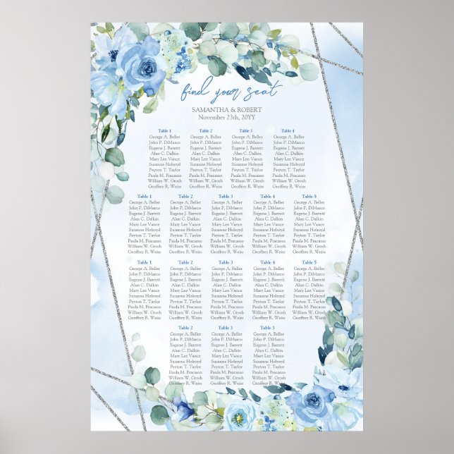 Poster Boho bleu fleuri eucalyptus et sièges argentés (Devant)