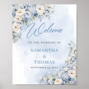 Poster Boho bleu floral eucalyptus or mariage accueil