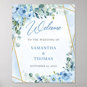 Poster Boho bleu floral eucalyptus or mariage accueil