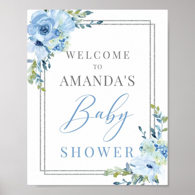 Poster Boho bleu foncé baby shower fleuri signe de bienve (Devant)