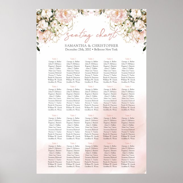 Poster Boho bleu rose fleurs or 20 tables Siège (Devant)