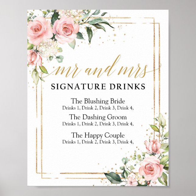 Poster Boho bleu rose floral signature or signe boissons (Devant)