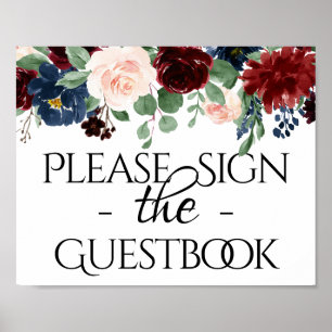 Poster Boho Bloom   Burgundy and Navy Blue Guestbook Sign