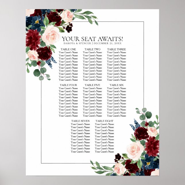 Poster Boho Bloom | Burgundy et Marine Blue Seating Chart (Devant)