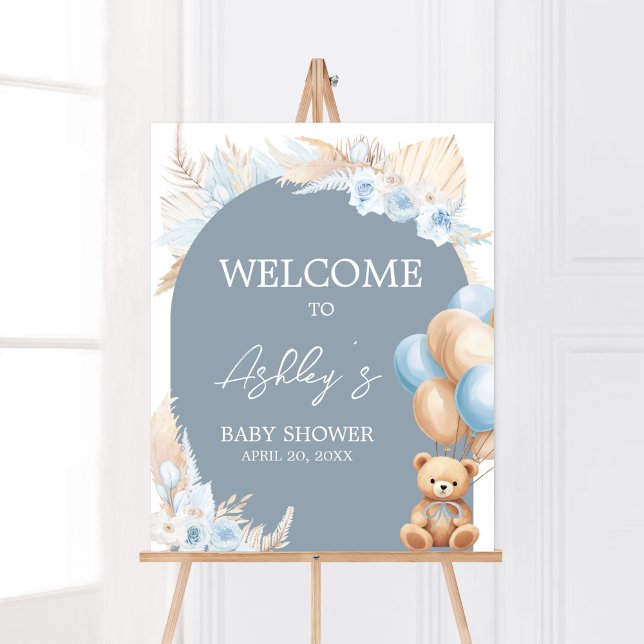 Poster Boho Blue Bear Baby shower de ballon Bienvenue (Sage Blue Balloons Baby Shower Welcome Sign)