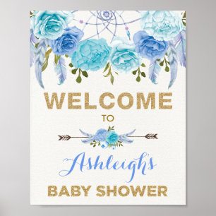 Poster Boho Blue Floral Dreamcatcher Baby shower Bienvenu