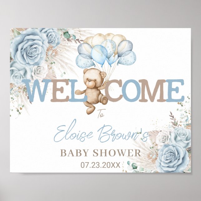 Poster Boho Blue Floral Pampas Baby shower Ours Bienvenue (Devant)
