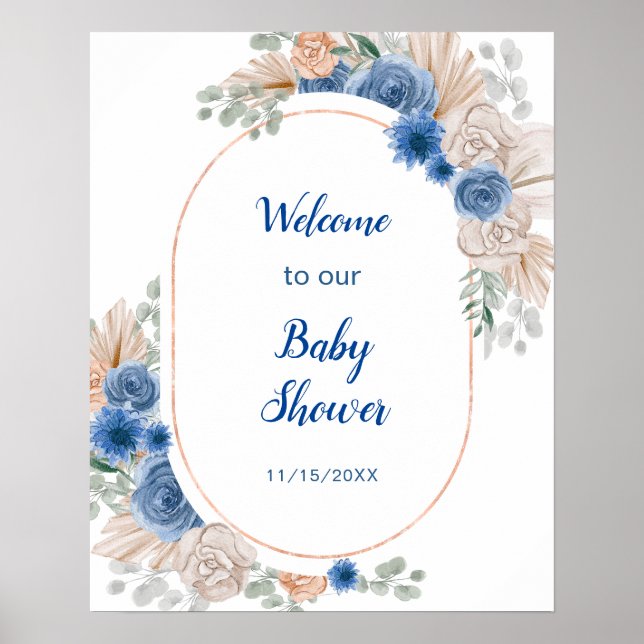 Poster Boho Blue Pampas Grass Baby shower (Devant)
